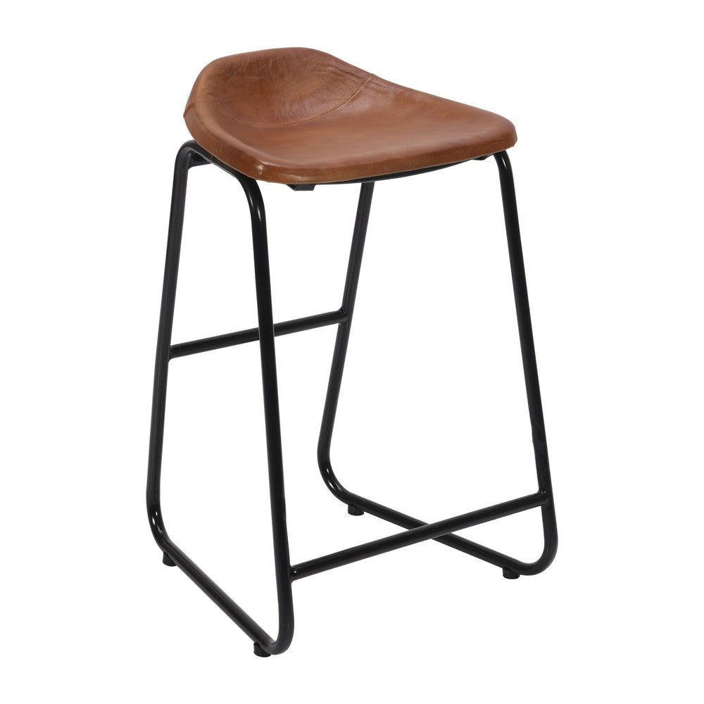 26 Inch Counter Height Bar Stool Genuine Leather Bucket Seat Metal Brown Black By The Urban Port UPT-263786