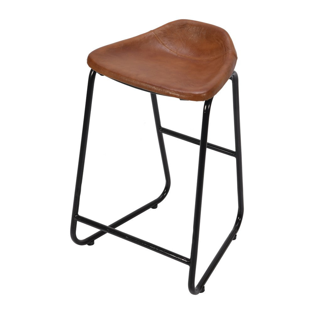 26 Inch Counter Height Bar Stool Genuine Leather Bucket Seat Metal Brown Black By The Urban Port UPT-263786