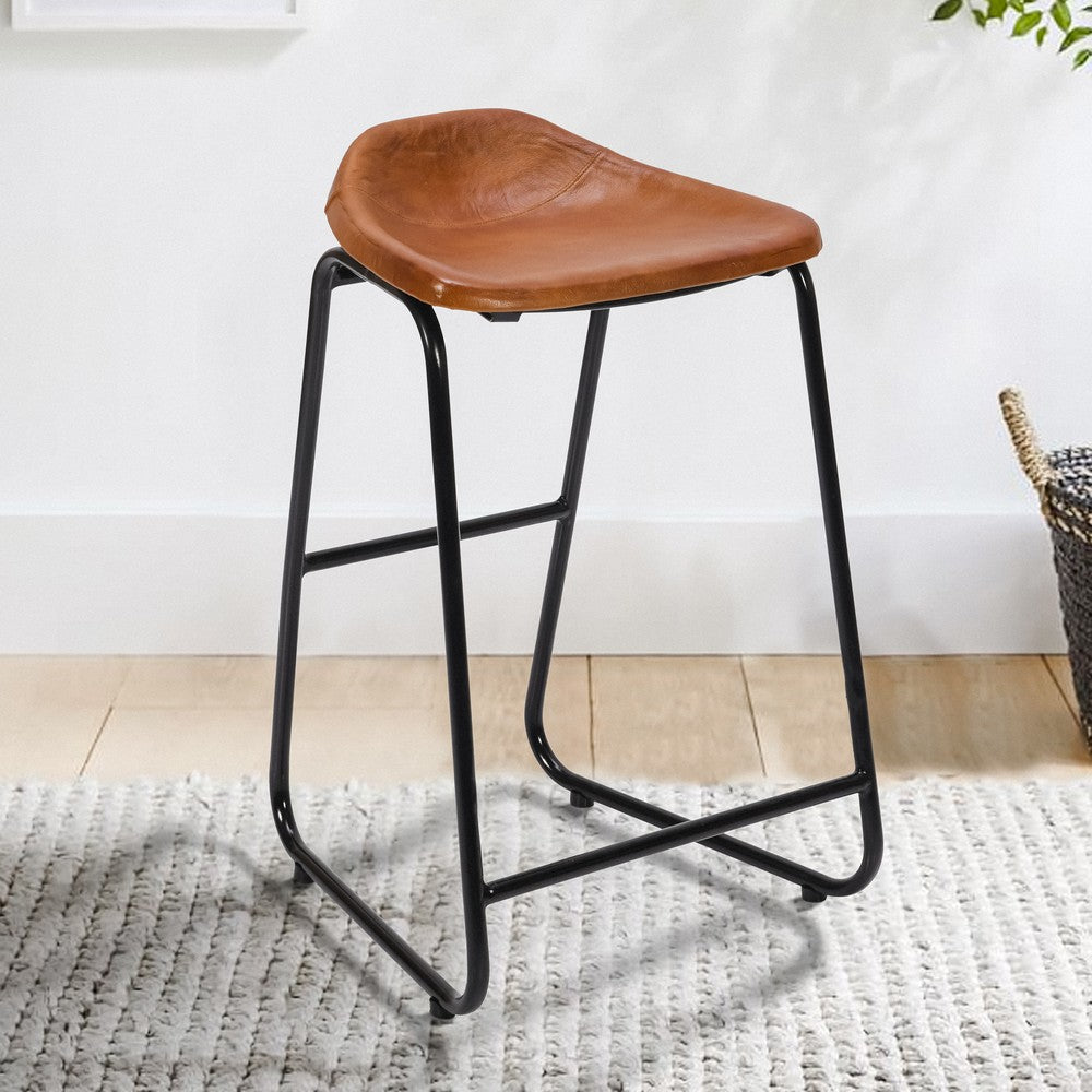 26 Inch Counter Height Bar Stool Genuine Leather Bucket Seat Metal Brown Black By The Urban Port UPT-263786