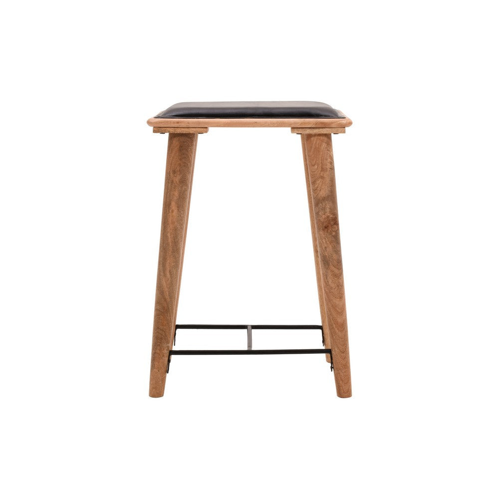 25 Inch Counter Height Bar Stool Genuine Leather Seat Mango Wood Frame Black Brown By The Urban Port UPT-263787