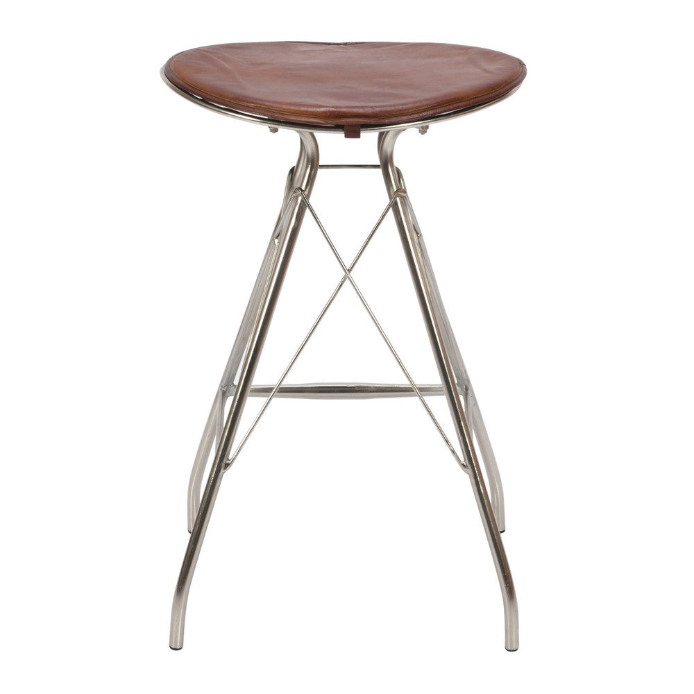 30 Inch Metal Frame Bar Stool Round Genuine Leather Seat Dark Brown Silver By The Urban Port UPT-263788