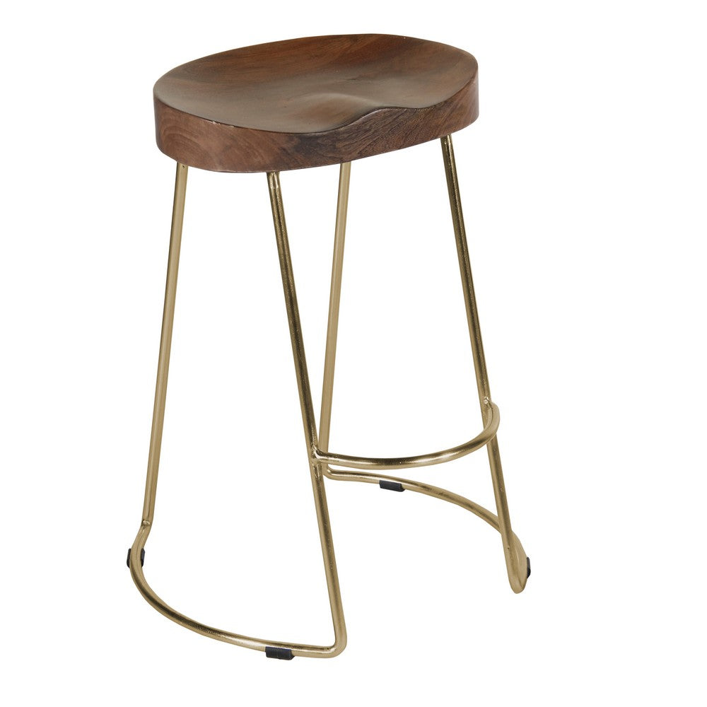 Ela 30 Inch Mango Wood Bar Stool Saddle Seat Iron Set of 2 Walnut Brown Gold By The Urban Port UPT-263793