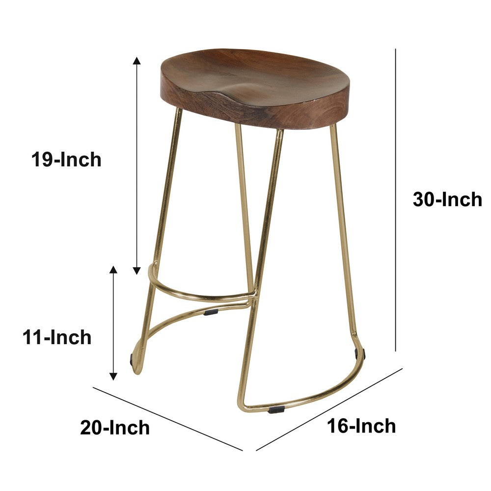 Ela 30 Inch Mango Wood Bar Stool Saddle Seat Iron Set of 2 Walnut Brown Gold By The Urban Port UPT-263793