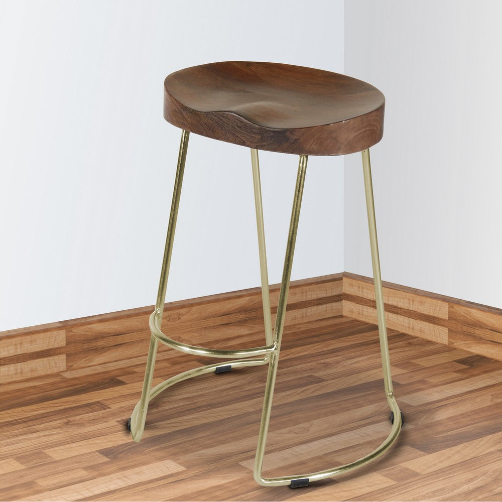 Ela 30 Inch Mango Wood Bar Stool Saddle Seat Iron Set of 2 Walnut Brown Gold By The Urban Port UPT-263793