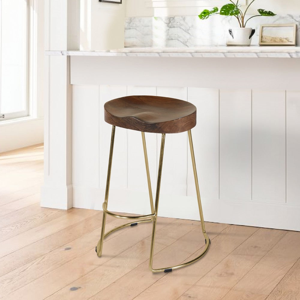 Ela 30 Inch Mango Wood Bar Stool, Saddle Seat, Iron, Set of 2, Walnut Brown, Gold By The Urban Port