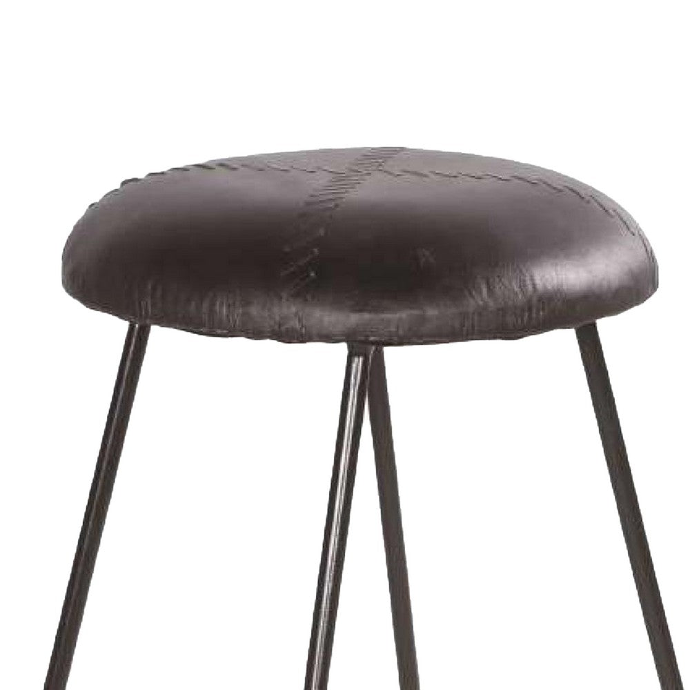 Uri 26 Inch Modern Counter Height Stool Genuine Leather Upholstery Metal Frame Baseball Stitching Black By The Urban Port UPT-266369