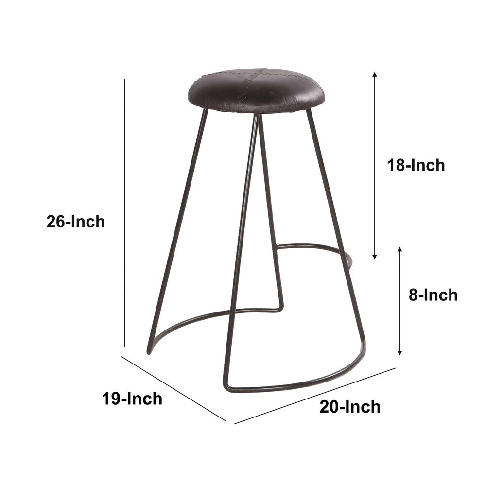 Uri 26 Inch Modern Counter Height Stool Genuine Leather Upholstery Metal Frame Baseball Stitching Black By The Urban Port UPT-266369