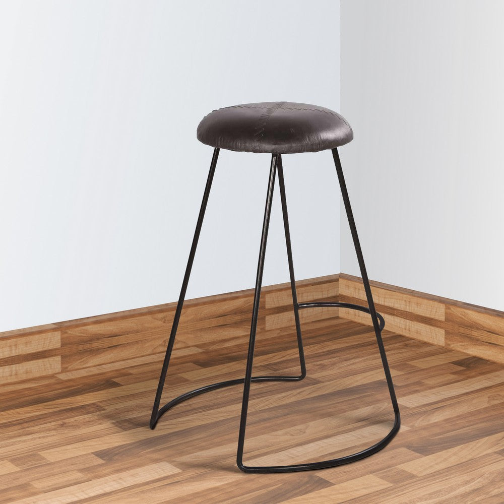 Uri 26 Inch Modern Counter Height Stool Genuine Leather Upholstery Metal Frame Baseball Stitching Black By The Urban Port UPT-266369