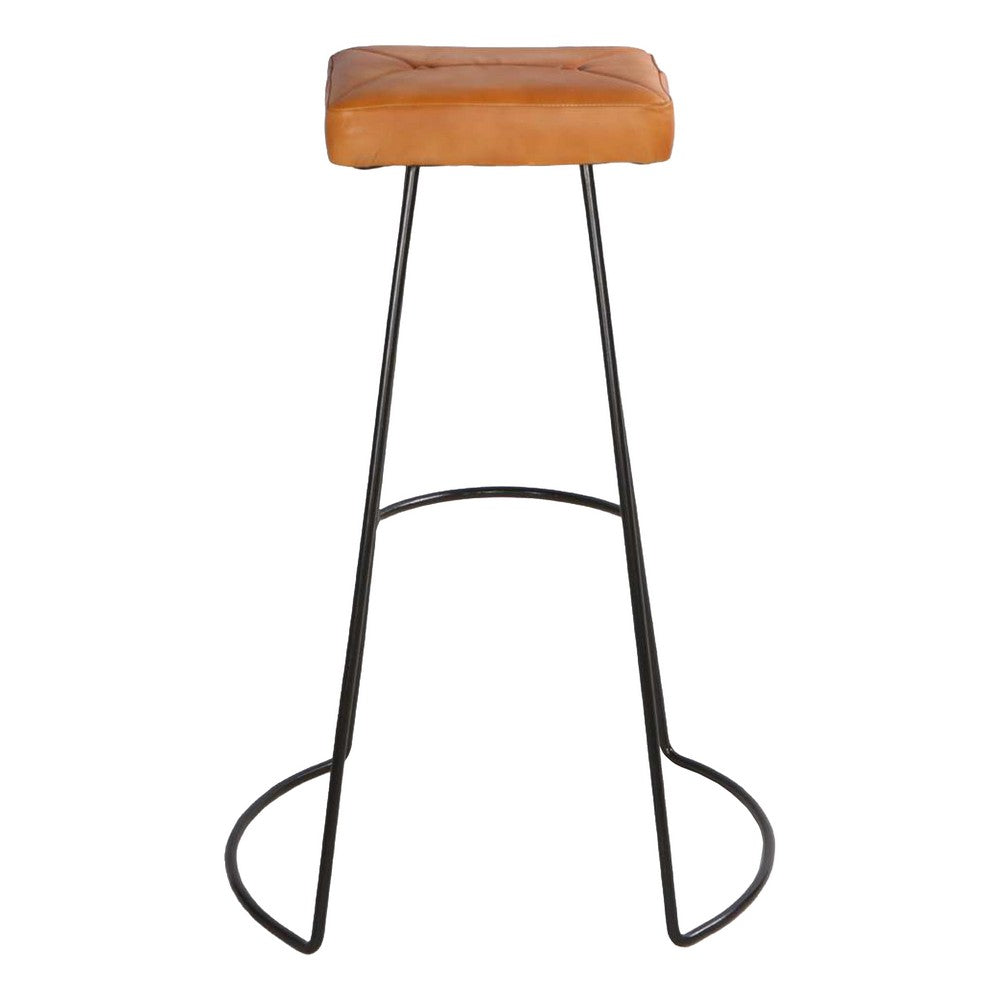 Uri 32 Inch Modern Bar Stool Genuine Leather Seat Metal Frame Button Tufted Tan Brown Black By The Urban Port UPT-266370