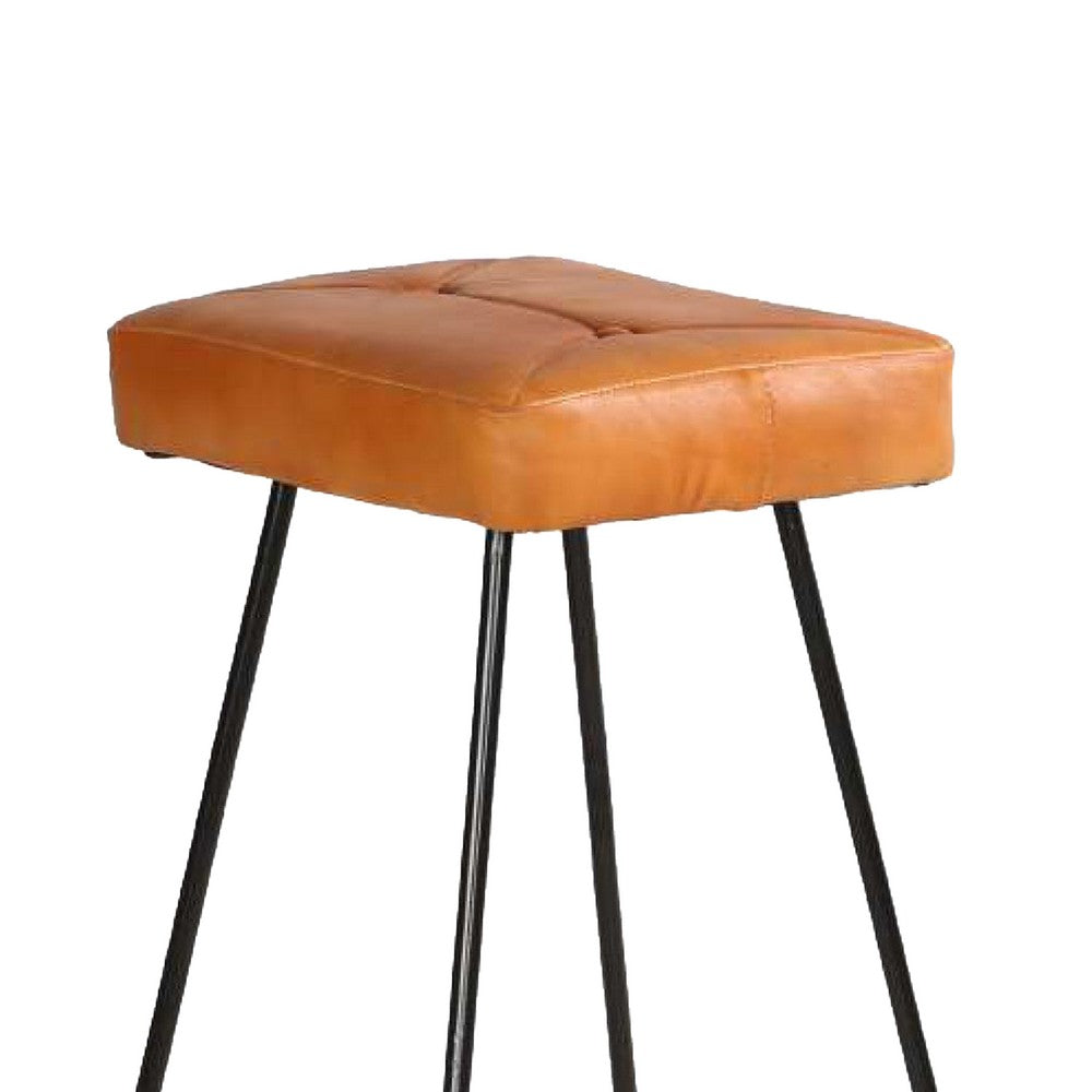 Uri 32 Inch Modern Bar Stool Genuine Leather Seat Metal Frame Button Tufted Tan Brown Black By The Urban Port UPT-266370