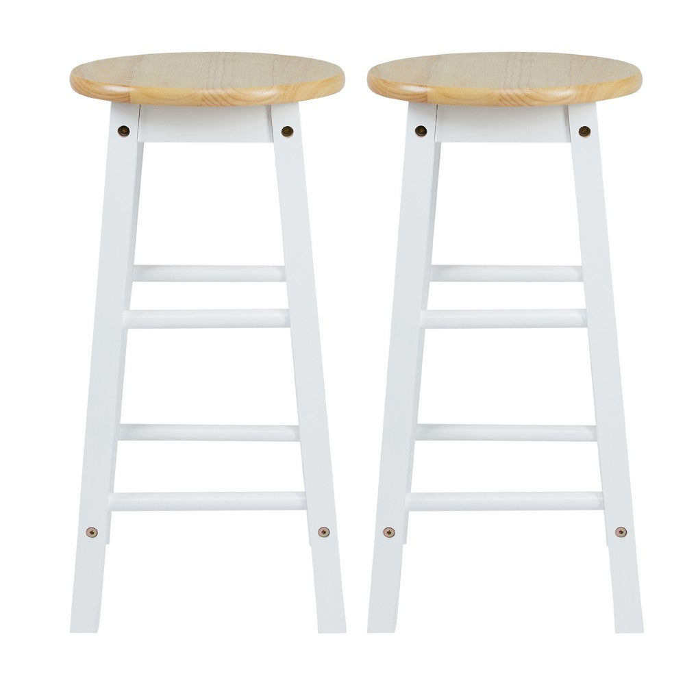 24 Inch Rubber Wood Counter Height Round Top Backless Bar Stool Set of 2 Brown and White By The Urban Port UPT-266393