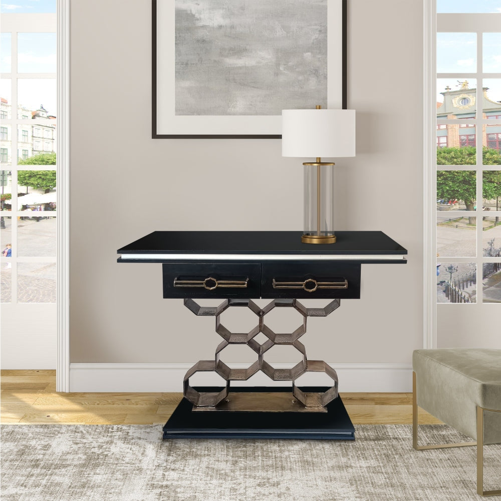 40 Inch Console Table, 2 Drawers, Modern Retro Aluminum Honeycomb Base, Black, Antique Brass By The Urban Port