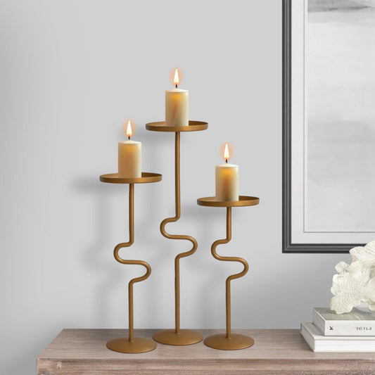 Set of 3 Handcrafted Vintage Candleholder, S Shaped Stands, Matte Gold Brass By The Urban Port