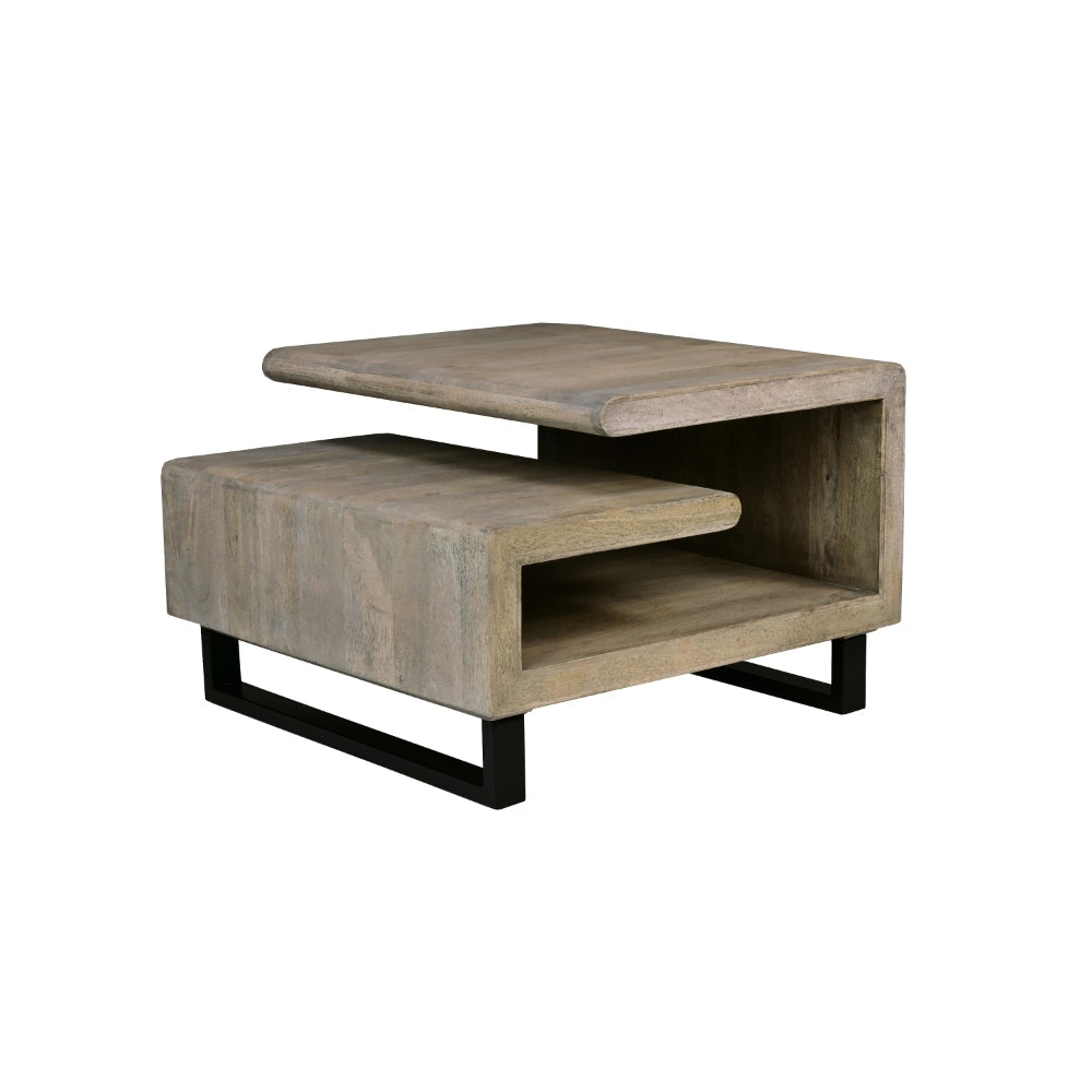 30 Inch Handcrafted Geometric G Coffee Table Weathered Gray Mango Wood Frame Black Powder Coated Base By The Urban Port UPT-270551