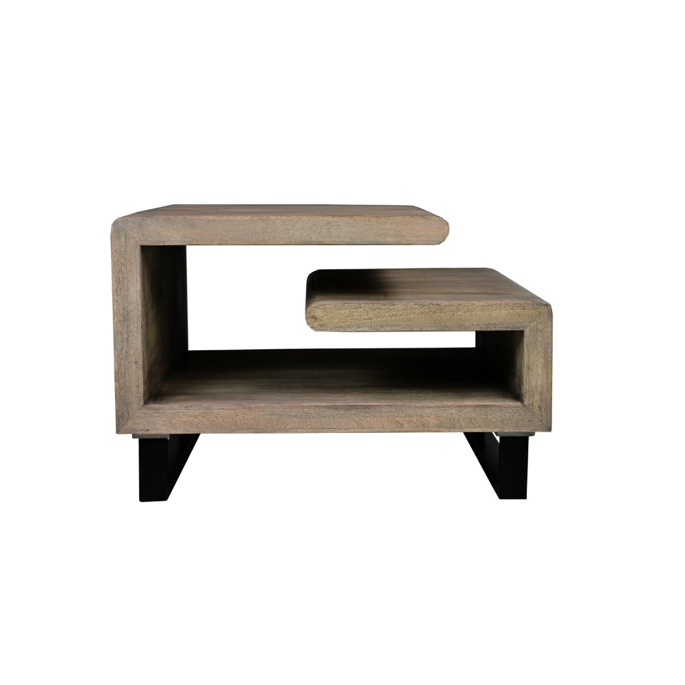 30 Inch Handcrafted Geometric G Coffee Table Weathered Gray Mango Wood Frame Black Powder Coated Base By The Urban Port UPT-270551