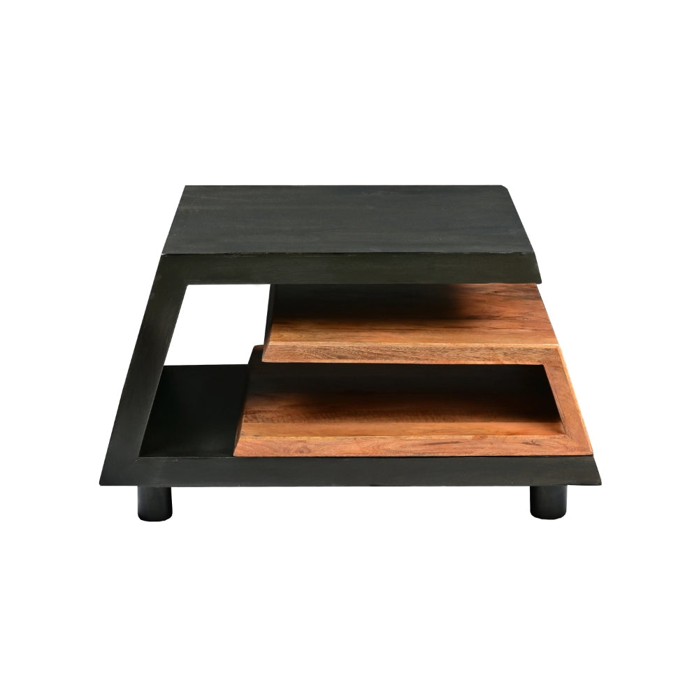 33 Inch Handcrafted Coffee Table Geometric Dark Walnut and Natural Mango Wood Frame Block Legs By The Urban Port UPT-270553