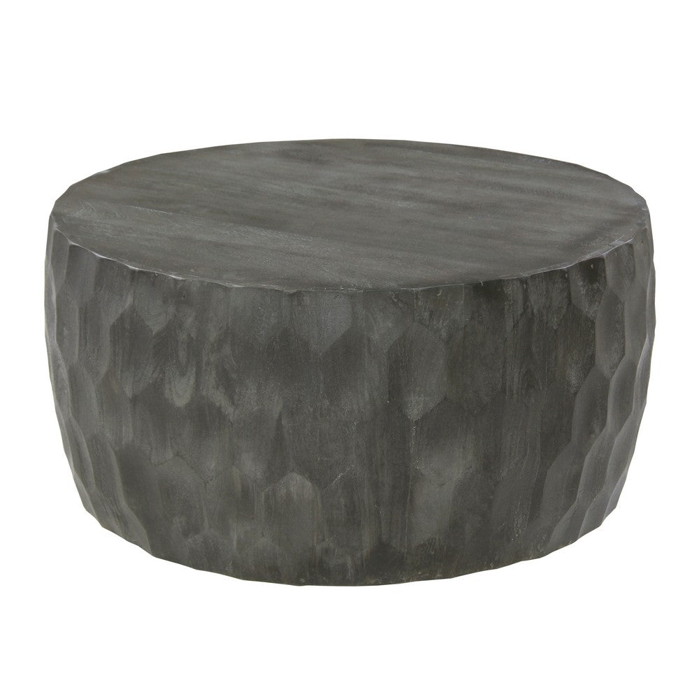 33 Inch Wooden Round Drum Coffee Table with Geometric Carved Pattern, Gray By The Urban Port