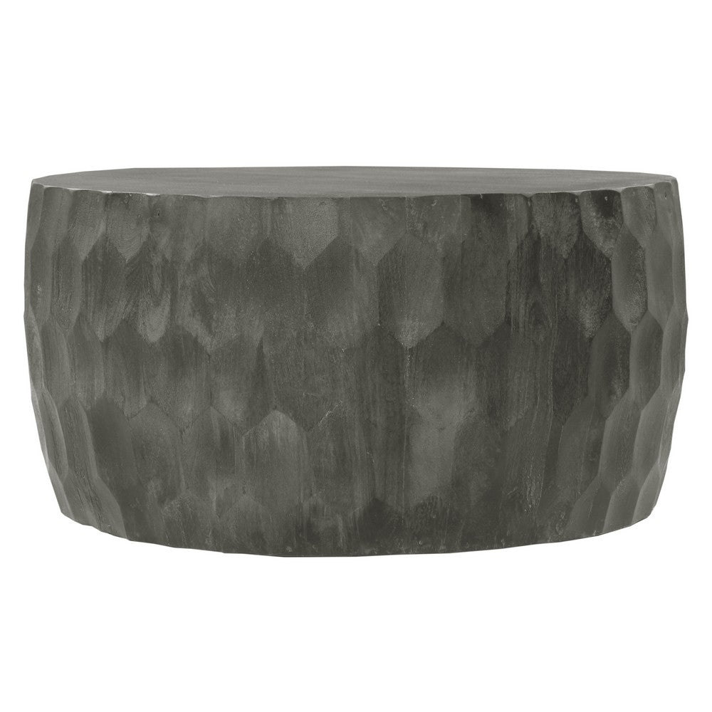 33 Inch Wooden Round Drum Coffee Table with Geometric Carved Pattern, Gray By The Urban Port