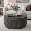 33 Inch Wooden Round Drum Coffee Table with Geometric Carved Pattern, Gray By The Urban Port