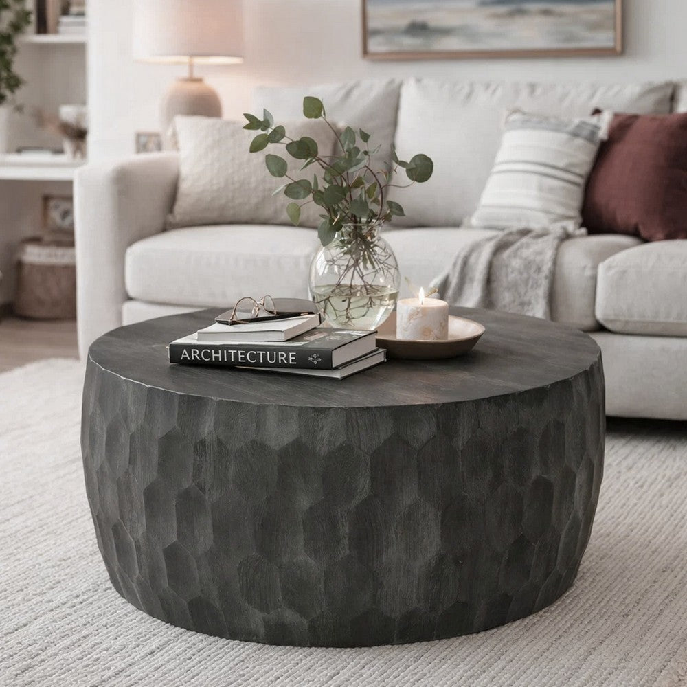 33 Inch Wooden Round Drum Coffee Table with Geometric Carved Pattern, Gray By The Urban Port