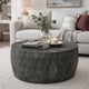 33 Inch Wooden Round Drum Coffee Table with Geometric Carved Pattern, Gray By The Urban Port