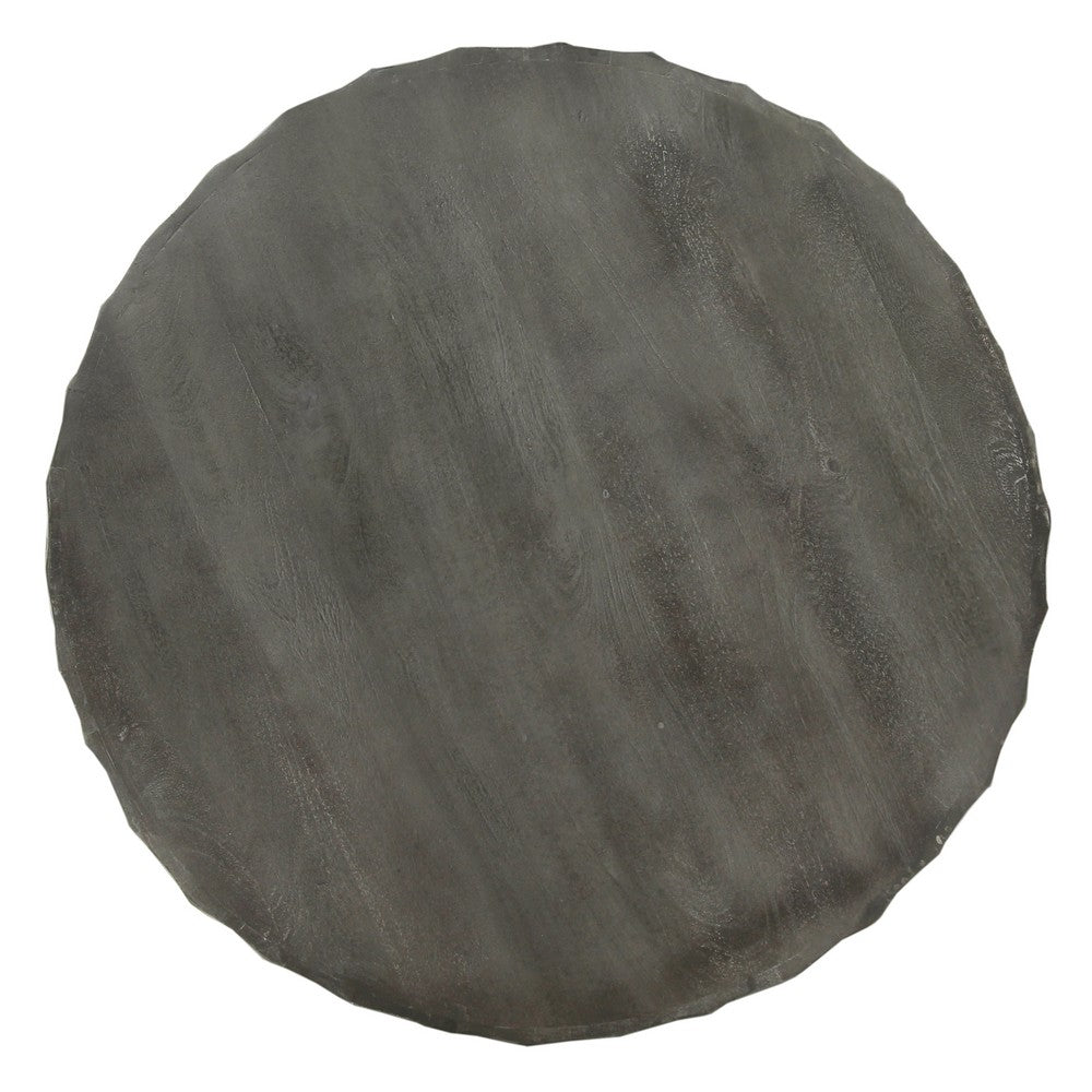 33 Inch Wooden Round Drum Coffee Table with Geometric Carved Pattern, Gray By The Urban Port