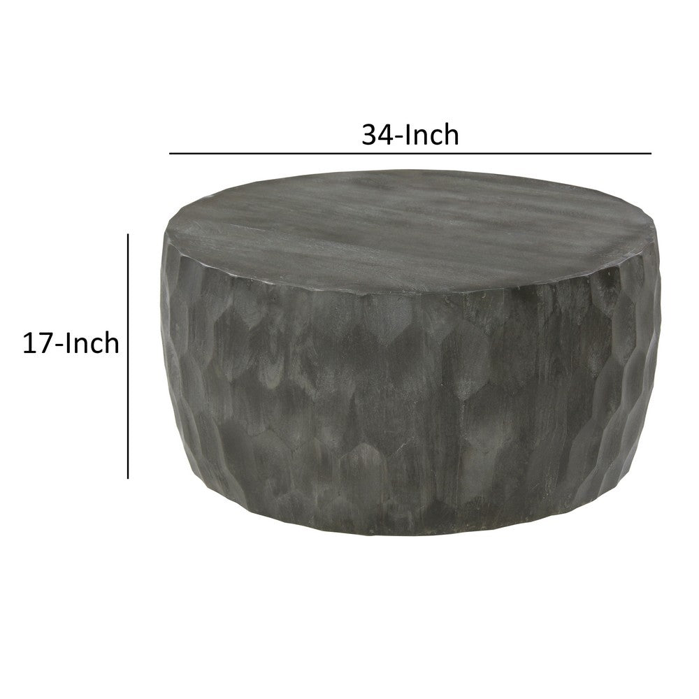 33 Inch Wooden Round Drum Coffee Table with Geometric Carved Pattern, Gray By The Urban Port