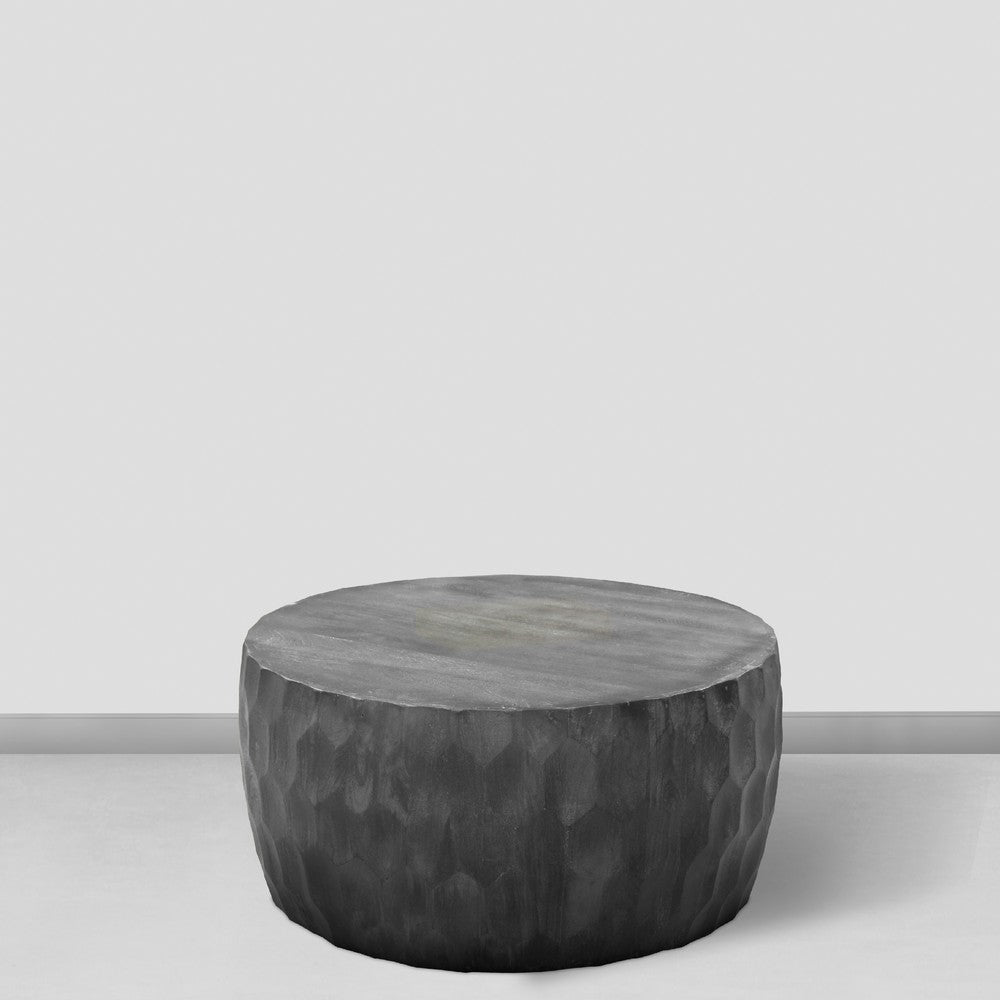 33 Inch Wooden Round Drum Coffee Table with Geometric Carved Pattern, Gray By The Urban Port