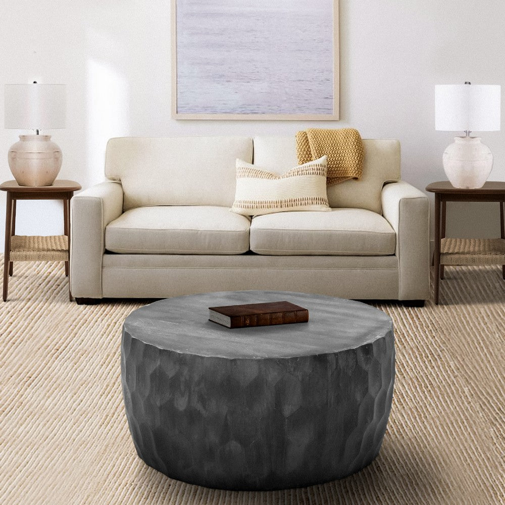 Val 34 Inch Handcrafted Mango Wood Coffee Table, Hammered Round Drum Shape, Honeycomb, Rustic Gray By The Urban Port