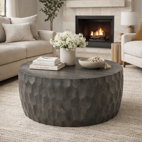 33 Inch Wooden Round Drum Coffee Table with Geometric Carved Pattern, Gray By The Urban Port