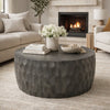 33 Inch Wooden Round Drum Coffee Table with Geometric Carved Pattern, Gray By The Urban Port