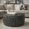 33 Inch Wooden Round Drum Coffee Table with Geometric Carved Pattern, Gray By The Urban Port