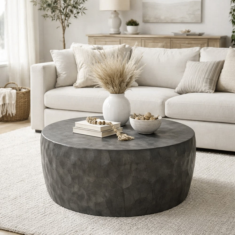 33 Inch Wooden Round Drum Coffee Table with Geometric Carved Pattern, Gray By The Urban Port