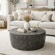 33 Inch Wooden Round Drum Coffee Table with Geometric Carved Pattern, Gray By The Urban Port