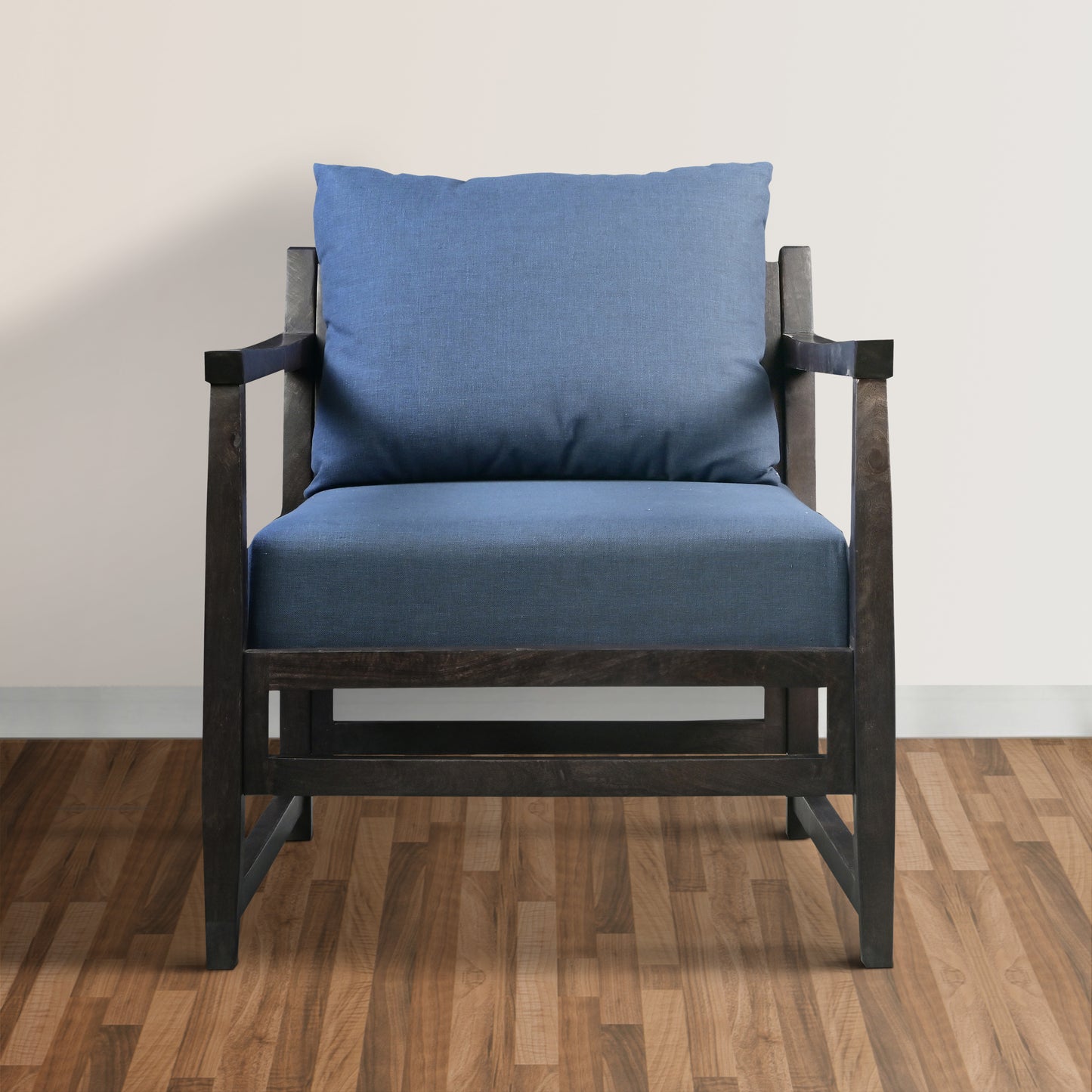 Malibu 27 Inch Handcrafted Mango Wood Accent Chair, Fabric, Pillow Back, Open Frame, Blue, Black By The Urban Port