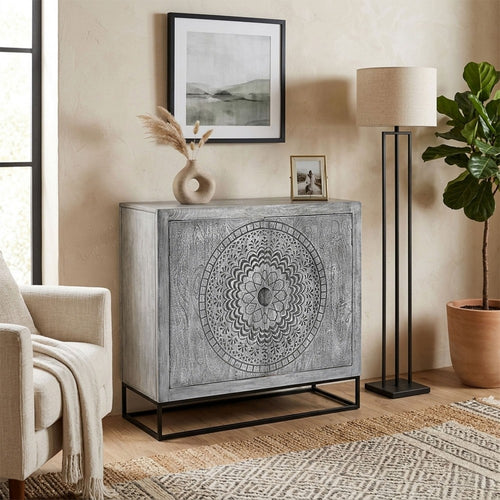 Zera 39 Inch Accent Cabinet with 2 Doors, Hand Carved Medallion, Sandblasted Gray Mango Wood, Black Iron Frame By The Urban Port