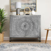 Zera 39 Inch Accent Cabinet with 2 Doors, Hand Carved Medallion, Sandblasted Gray Mango Wood, Black Iron Frame By The Urban Port