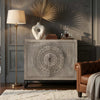 Zera 39 Inch Accent Cabinet with 2 Doors, Hand Carved Medallion, Sandblasted Gray Mango Wood, Black Iron Frame By The Urban Port