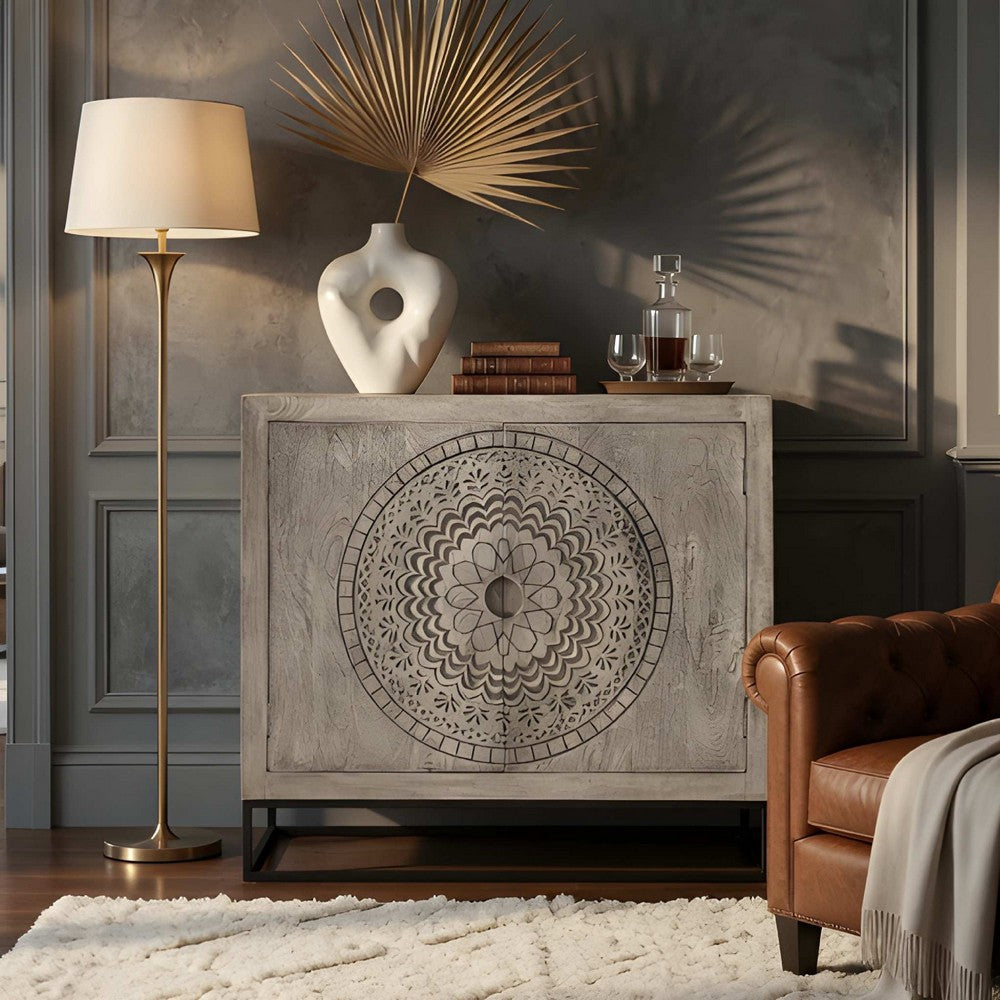 Zera 39 Inch Accent Cabinet with 2 Doors, Hand Carved Medallion, Sandblasted Gray Mango Wood, Black Iron Frame By The Urban Port