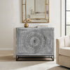 Zera 39 Inch Accent Cabinet with 2 Doors, Hand Carved Medallion, Sandblasted Gray Mango Wood, Black Iron Frame By The Urban Port