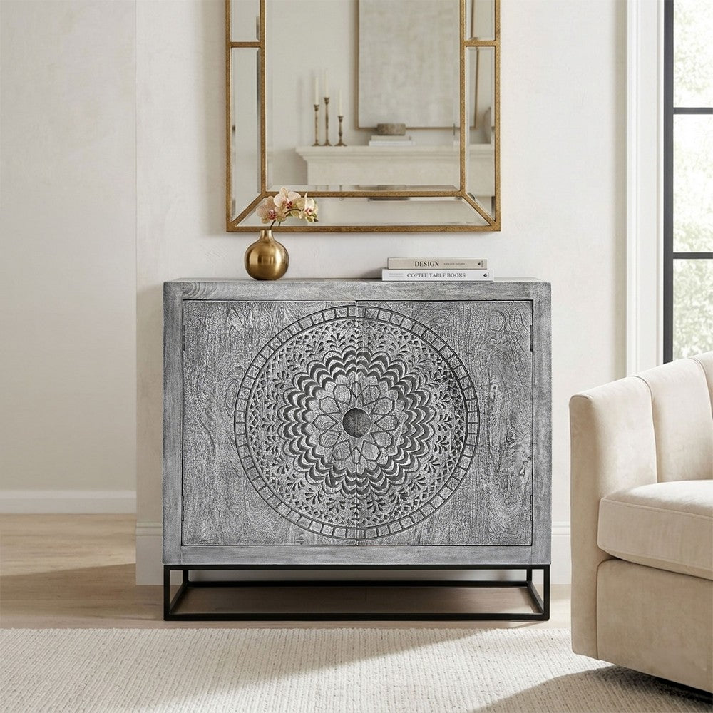 Zera 39 Inch Accent Cabinet with 2 Doors, Hand Carved Medallion, Sandblasted Gray Mango Wood, Black Iron Frame By The Urban Port