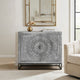 Zera 39 Inch Accent Cabinet with 2 Doors, Hand Carved Medallion, Sandblasted Gray Mango Wood, Black Iron Frame By The Urban Port