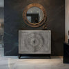 Zera 39 Inch Accent Cabinet with 2 Doors, Hand Carved Medallion, Sandblasted Gray Mango Wood, Black Iron Frame By The Urban Port