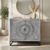 Zera 39 Inch Accent Cabinet with 2 Doors, Hand Carved Medallion, Sandblasted Gray Mango Wood, Black Iron Frame By The Urban Port