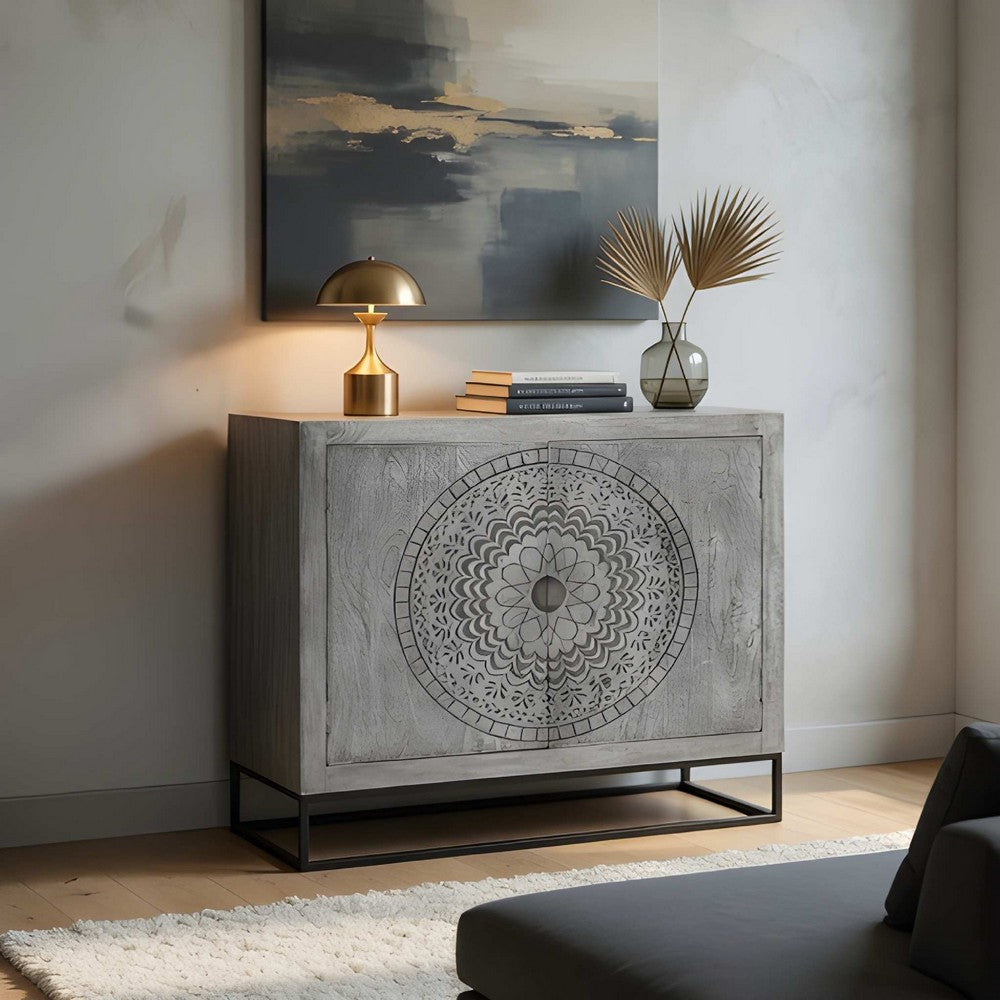 Zera 39 Inch Accent Cabinet with 2 Doors, Hand Carved Medallion, Sandblasted Gray Mango Wood, Black Iron Frame By The Urban Port