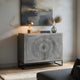 Zera 39 Inch Accent Cabinet with 2 Doors, Hand Carved Medallion, Sandblasted Gray Mango Wood, Black Iron Frame By The Urban Port