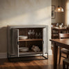 Zera 39 Inch Accent Cabinet with 2 Doors, Hand Carved Medallion, Sandblasted Gray Mango Wood, Black Iron Frame By The Urban Port
