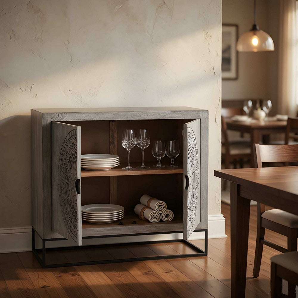 Zera 39 Inch Accent Cabinet with 2 Doors, Hand Carved Medallion, Sandblasted Gray Mango Wood, Black Iron Frame By The Urban Port