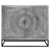 Zera 39 Inch Accent Cabinet with 2 Doors, Hand Carved Medallion, Sandblasted Gray Mango Wood, Black Iron Frame By The Urban Port