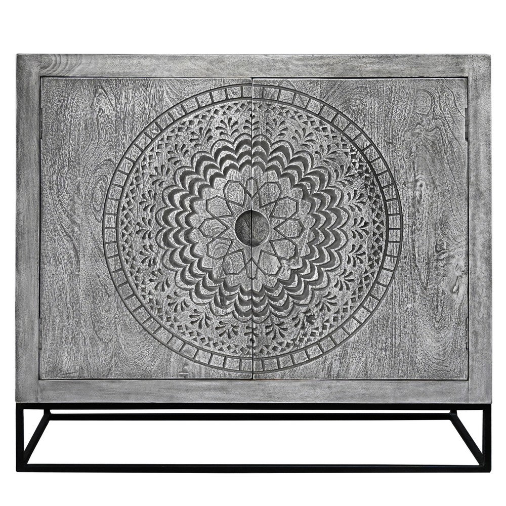 Zera 39 Inch Accent Cabinet with 2 Doors, Hand Carved Medallion, Sandblasted Gray Mango Wood, Black Iron Frame By The Urban Port